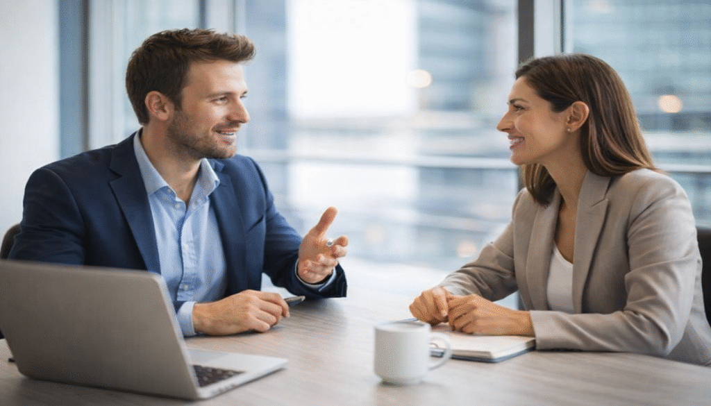 Reunión comercial basada en escucha activa y conexión con el cliente en entorno profesional.