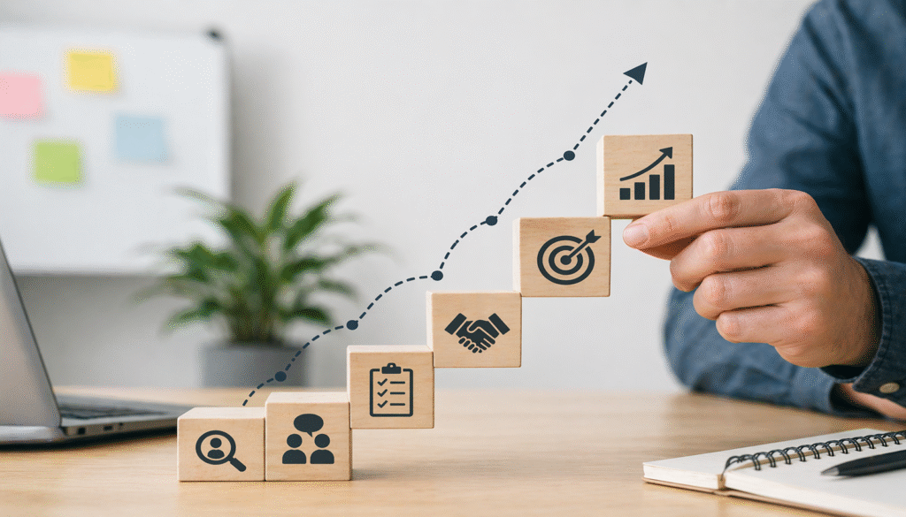 proceso comercial representado con fases de ventas y crecimiento empresarial en una pyme
